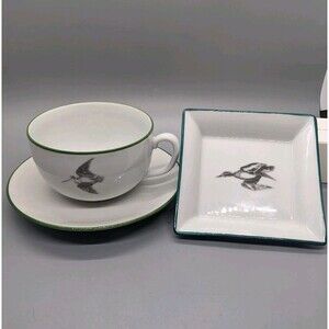 Limoges Grand Sologne Qui Qui France Waterfowl Teacup, Saucer, Small Plate Dish